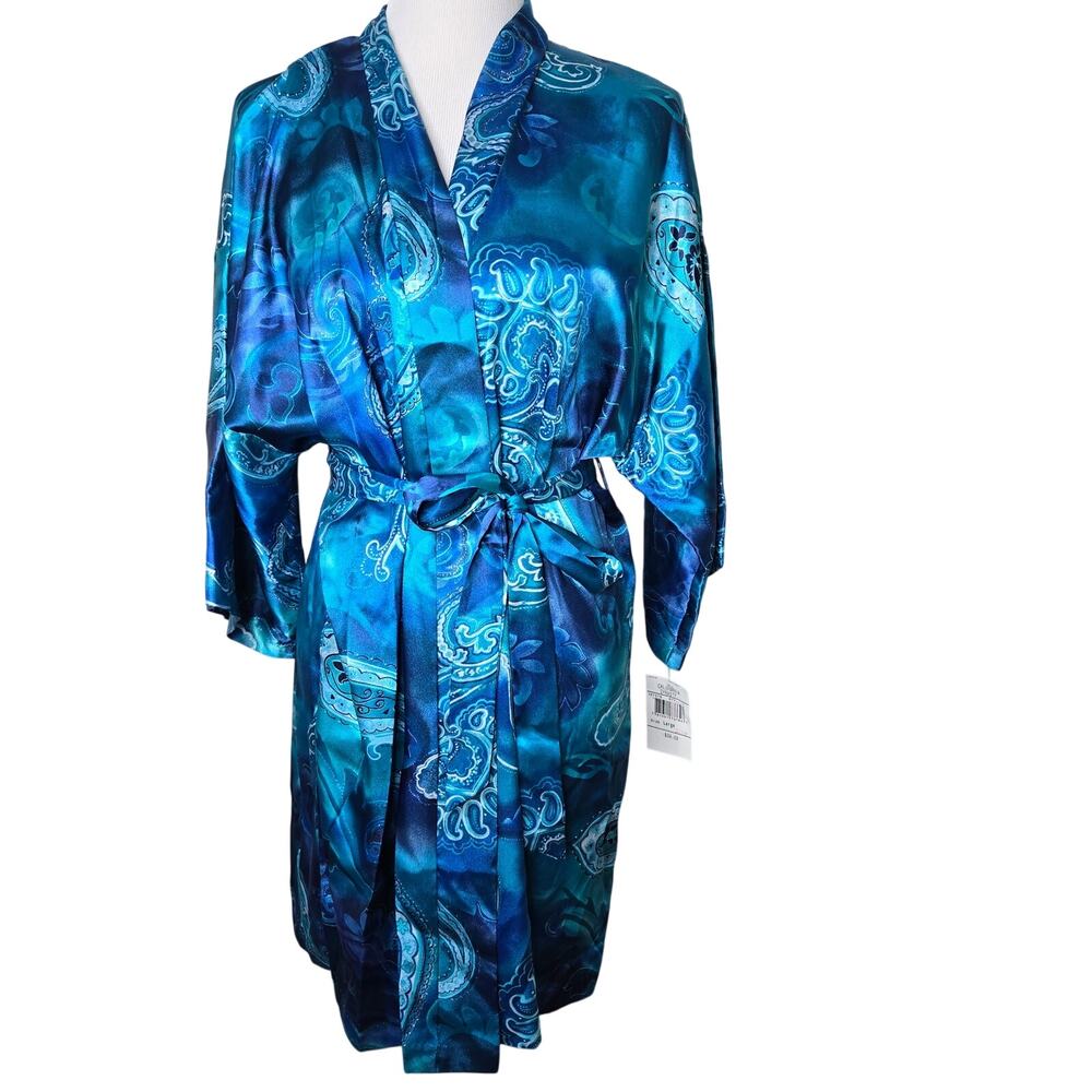 Vintage California Dynasty Satin Kimono Robe Pocket Large Blue Paisley NWT